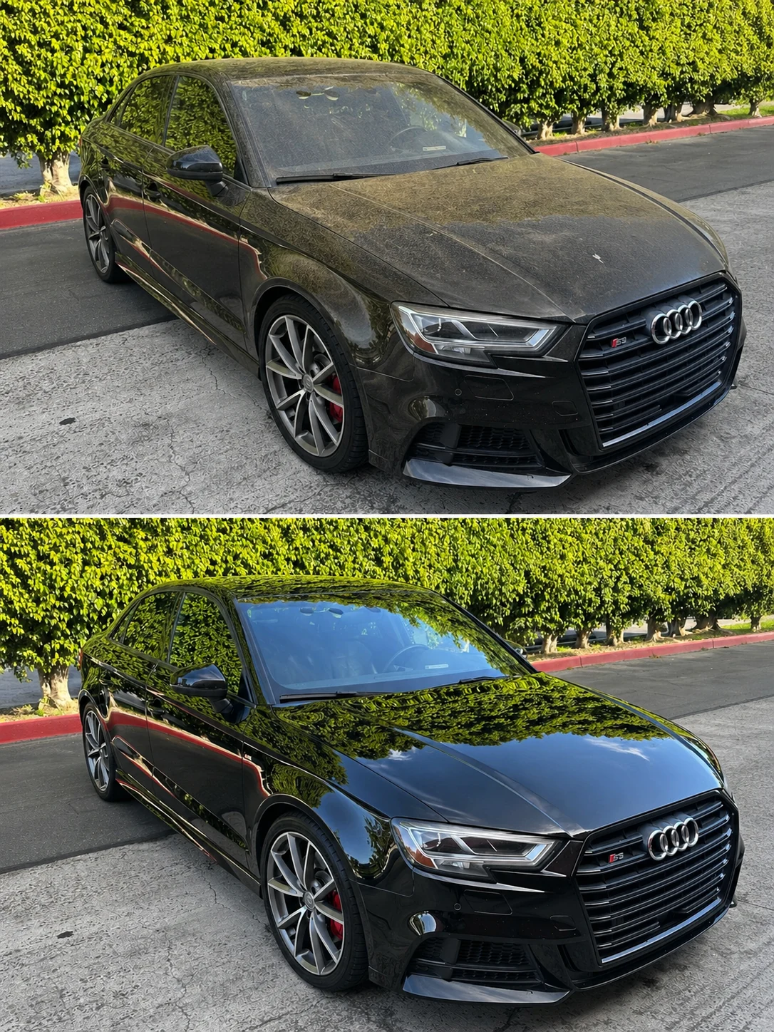 Black Audi before cleaning, with dust visible across its paint
