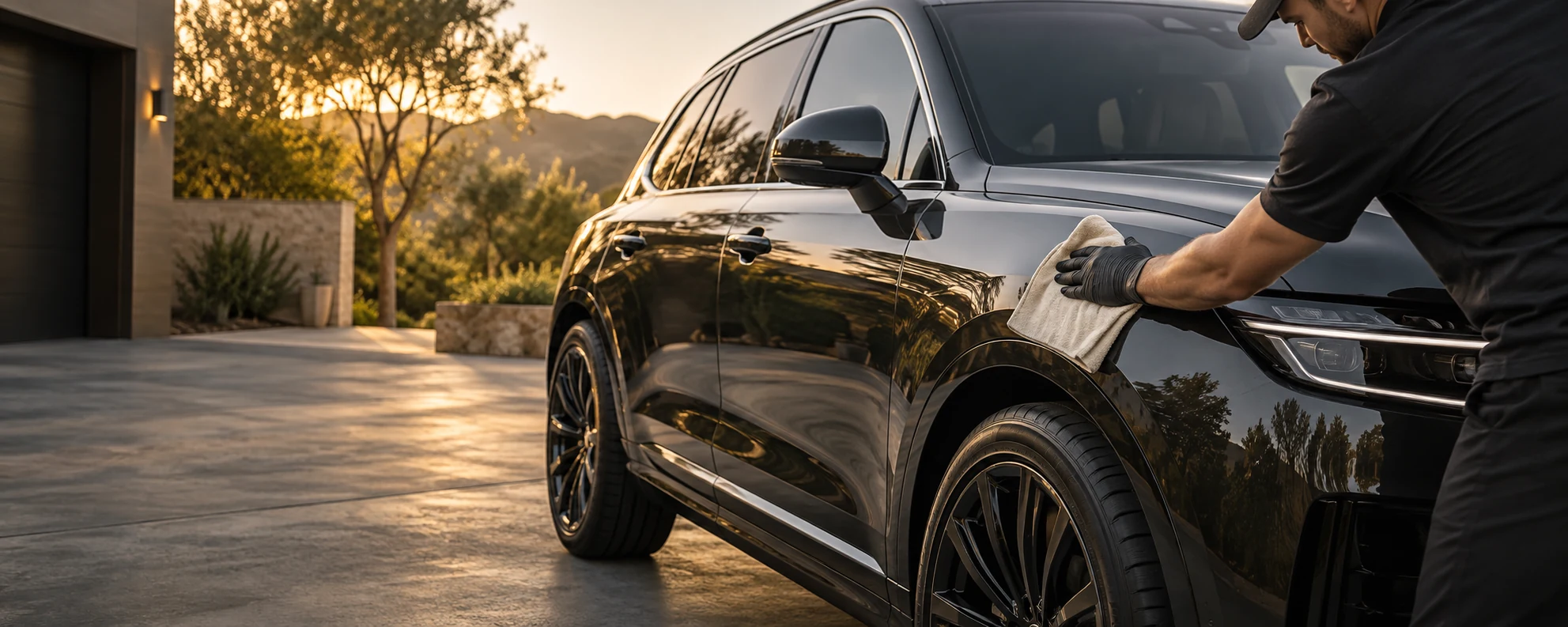 A detailer hand-finishing a charcoal SUV in warm evening light