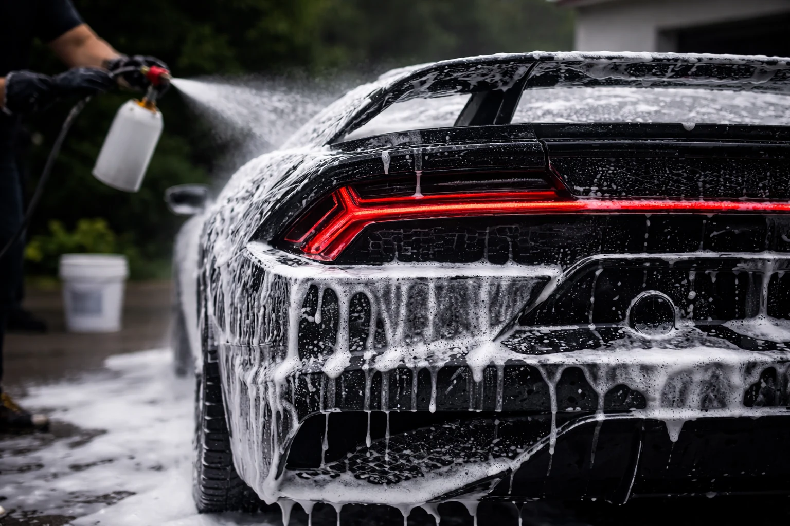 Foam washing the rear exterior of a black sports car